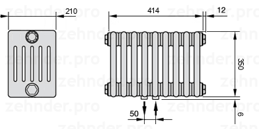 Схема (чертеж) Радиатор Zehnder Charleston 6035/9 №5410 Белый глянцевый RAL 9016